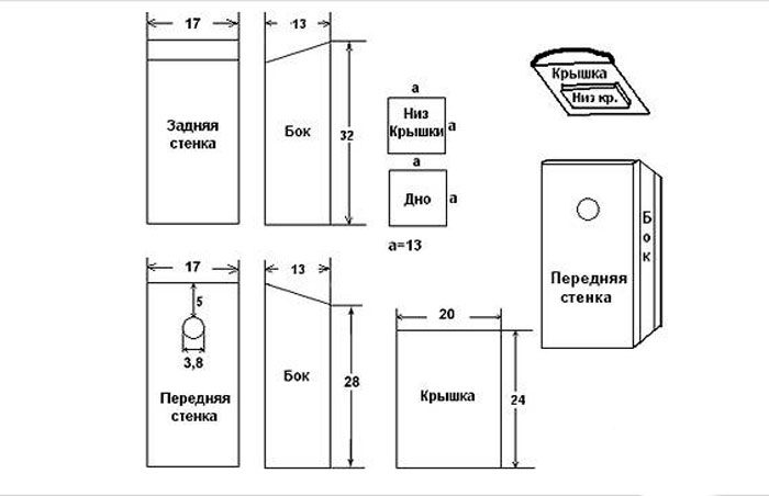 Зробити шпаківню своїми руками з коробки. Як зробити шпаківню своїми руками з підручних матеріалів Підкажіть, як зробити шпаківню з дерева? синові в школі дали завдання принести будиночок для птахів, а наш тато весь час на роботі, ось і вирішили з дитиною зайнятися цим самостійно і зробити два шпаківні: один віднесемо в школу, а другий повісимо в нашому саду. Які дошки краще використовувати і чи потрібно потім пофарбувати нашу споруду?
Птахи – санітари не тільки лісу, а й саду. Про це знає кожен дачник, у якого на ділянці ростуть плодові дерева і чагарники. Круглий рік пернаті не тільки радують слух своїм співом, але ще і допомагають садівникам в їх нелегкій праці по захисту дерев від шкідників, знищуючи дрібних комах і ласуючи їх личинками. Щоб залучити птахів, на деревах розвішують годівниці і підгодовують добровільних помічників в холодну зимову пору, коли знайти «здобич» не так легко, а ще влаштовують їм житло. Добротний деревяний будиночок сподобається будь-якій пташці, в ньому вона зможе не тільки жити і ховатися від негоди, але і вивести потомство.
Нюанси, які важливо знати перед тим, як приступити до роботи Як вже зрозуміло, найкращий шпаківню – зроблений з натуральних матеріалів, в сенсі, з дерева. Деякі умільці майструють будиночки з картонних коробок або пластикових пляшок, однак, це зовсім не те. У першому випадку житло буде тимчасовим і протримається один сезон, якщо не розмокне раніше під дощем. Пластикові ж ємності більше підійдуть для виготовлення , до того ж про їх натуральності немає й мови. Відлякає птахів і запах дсп або фанери, остання ще й занадто тонка і будиночок буде холодним.
Для пташиного будиночка варто використовувати дошки листяних порід, але ні в якому разі не хвойних – вони містять смолу, яка прилипне до оперення, що загрожує для здоровя пернатих. Товщина дощечок повинна бути не менше 20 мм, щоб вони утримували тепло, необхідне пташенятам.
Стругати дошки, домагаючись їх ідеальної гладкості, не потрібно. Шорстка поверхня, особливо всередині шпаківні і під льотком, допоможе птахам потрапити всередину і без праці переміщатися.
Робимо шпаківню покроково Перш за все, слід скласти креслення майбутнього житла. Це полегшить процес виготовлення заготовок і дозволить зробити їх рівними, щоб в подальшому між стінками не виявилося щілин.
Шпаківні можуть бути різної величини і форми – все залежить від того, які саме птахи будуть в ньому жити. Занадто просторі апартаменти робити не треба, адже пташине сімейство невелике і молодняк може замерзнути або вирости слабким. Стандартні ж розміри будиночка приблизно такі:
ширина днища-15 см;
висота шпаківні-до 30 см;
дах – приблизно 20х24 см;
діаметр виступу (льотка) - не більше 5 см.
краще, щоб задня стінка була на пару сантиметрів нижче передньої панелі – такий ухил необхідний, щоб стікала вода. Відповідно, тоді і на бічних стінках верхній зріз буде йти по косій. Дах же повинна трохи виступати, тому її розміри трохи більше днища.
тепер можна приступити до роботи:
перенести креслення олівцем на дошки.
вирізати всі деталі.
обстругати зовнішню поверхню заготовок.
у передній панелі вирізати вхід у вигляді кола.
зібрати шпаківню в такій черговості: фасад, бічні стінки, дно, задня стінка, дах, льоток. Всі частини повинні щільно прилягати один до одного. Кріпити їх краще на саморізи або цвяхи.
Залишилося приробити до шпаківні кріплення у вигляді планки на задній стінці і встановити його на дерево, добре примотавши дротом. Фарбувати не треба – запах фарби відлякає птахів.
Шпаківня-годівниця з картону На гілку годівниця кріпиться за допомогою двох мотузочок таким ось чином.​
накладаємо на картон і за допомогою лінійки і плоскою викрутки продавлюємо контури.​
два аркуші картону а4;
якщо ви захопилися виготовленням виробів до дня птахів і ваш малюк вже освоїв аплікацію на тему шпаківня, саме час братися за моделювання!​
цей варіант дійсно найкращий з розглянутих. Натуральне дерево найбільш повно відповідає всім вимогам утримання птахів на своїй присадибній ділянці. Воно відмінно вентилюється, захищає пташенят, дуже надійно в експлуатації і дуже міцне. На жаль, щоб його зробити, потрібно вдатися до допомоги спеціального інструменту. Але, думаю, для будь-якого домашнього майстра це не проблема.​
щоденник марріетти
даємо просохнути клею і готуємо наші детальки до декорування - я завдала два шари акрилового грунту. Наносила поролоновою губочкою для посуду:
фіксація здійснюється мяким дротом, закрутки притискають до стовбура планку
Шпаклівка - по дереву
Мухоловочник-відрізняється невеликими габаритами для цих дрібних пернатих
Womanadvice.ru
Як зробити шпаківню своїми руками?